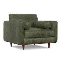 Mid-Century Modern Accent Chair In Moss Green Top Grain Genuine Leather