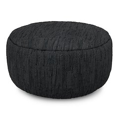 Fredrik 30 inch Wide Boho Pouf in Black Genuine Woven Leather, Assembled