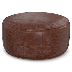 Connor 34 Inch Round Coffee Table Pouf In Distressed Brown Genuine Leather