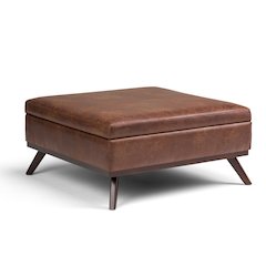 Coffee Table Storage Ottoman In Distressed Saddle Brown Vegan Faux Leather