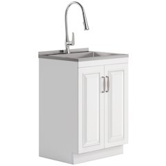 24 Inch Laundry Cabinet With Pull-Out Faucet And Stainless Steel Sink In White