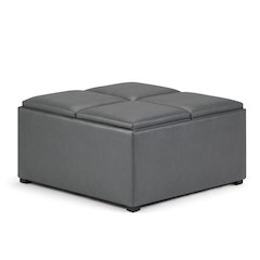 Avalon Square Coffee Table Storage Ottoman In Stone Grey Vegan Faux Leather