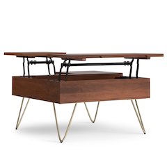 Hunter Solid Mango Wood Lift Top Square Coffee Table In Umber Brown, Gold