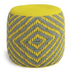 Boho Round Woven Outdoor/ Indoor Pouf In Grey And Yellow Recycled Pet Polyester