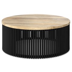 35 Inch Wide Round Industrial Contemporary Coffee Table In Natural, Black