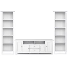 72"W TV Stand with Two 24"W 5 Shelf Bookcases in White (Set of 3)