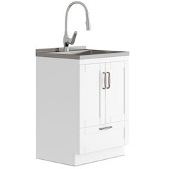 24 Inch Laundry Cabinet With Pull-Out Faucet And Stainless Steel Sink In White