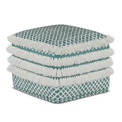 Leah Square Woven Outdoor Pouf in Turquoise and White Recycled PET Polyester