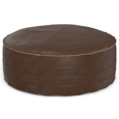 Round Coffee Table Pouf In Distressed Dark Brown Vegan Faux Leather