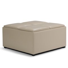 Avalon Square Coffee Table Storage Ottoman In Satin Cream Vegan Faux Leather