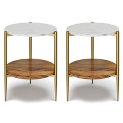 18 inch Round Mid-Century Genuine Marble & Solid Acacia Side Tables(Set of 2)