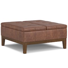 Square Lift Top Coffee Table Storage Ottoman In Distressed Saddle Brown