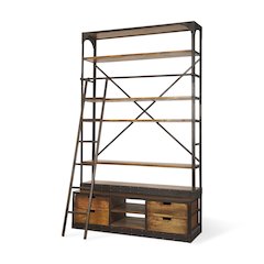 Medium Brown Wood Black Ladder Four Shelf Shelving Unit 57L x 20.5W x94H