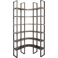 Curved Brown Wood and Black Iron Six Shelving Unit