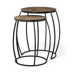 (Set of 2) Brown Round Wood Top W/ Black Metal Frame Nesting Accent Tables