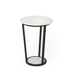 White Round Marble Top W/Black Metal Frame Accent Table