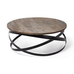Triumph 40" Round Brown Solid Wood Top Black Metal Base Coffee Table