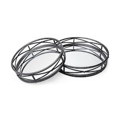 Piers (Set of 2) Black Metal Mirrored Round Trays