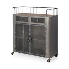 Udo Metal Frame Two Door Cabinet w/Two Drawers & Wood Top Bar Cart