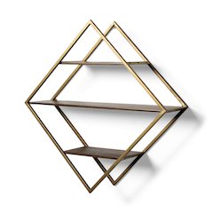 Neil I Diamond Shape Wall Mounted Brass Frame w Three Wood Wall Shelves