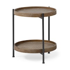 Round Top Natural Brown Wood and Gray Metal Frame Tray-Style End/Side Table