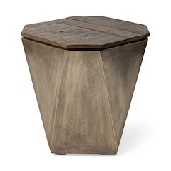 Esagono Octagonal Gold Metal-Clad Reclaimed Wood End/Side Table w/ Storage
