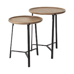 Set of Two Round Brown Solid Wood Iron Base Nesting End/Side Tables