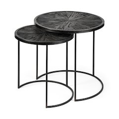 Chakra 19.7" Set of Two Round Dark Wood Top Black Frame Accent Tables