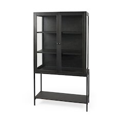 Arelius 36L x 18W x 63H Dark Brown Wood W/ Black Metal Base Display Cabinet