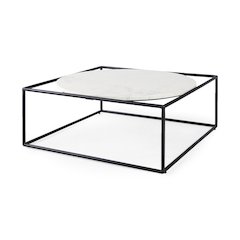36L x 36W x 14.5H Round White Marble Top W/ Black Metal Frame Coffee Table