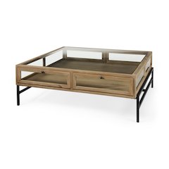 42" Square Glass-Top Light Brown w/ Black Metal Base Display Coffee Table