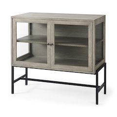 36L x 18W x 32H Gray Wood, Black Metal Base w/ 2 Glass Doors Accent Cabinet
