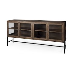 Medium Brown, Black Metal Base w/ 4 Glass Door Cabinets Sideboard
