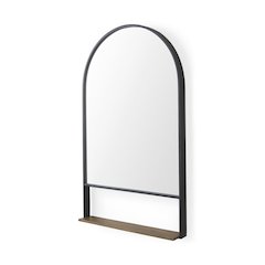 Black Metal Frame W/ Brown Wooden Shelf Arched Wall Mirror