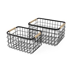 Set of Two Matte Black Metal W/ Rope Trim Rectangular Baskets