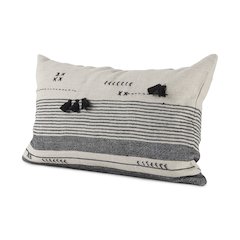 Black and Beige Fabric Striped and Fringed Decorative Pillow Cover