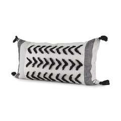 White and Black Fabric Herringbone and Fringed Decorative Pillow Cover