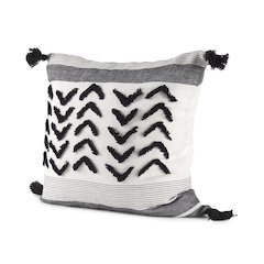 White and Black Fabric Herringbone and Fringed Decorative Pillow Cover