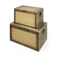 Set of Two Brown Wood and Wicker W/ Metal Detail Rectangular Boxes