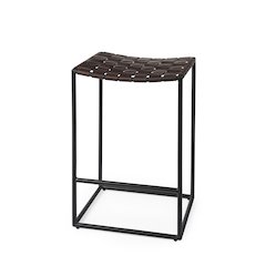 Dark Brown Woven Leather Seat W/ Black Iron Frame Counter Stool