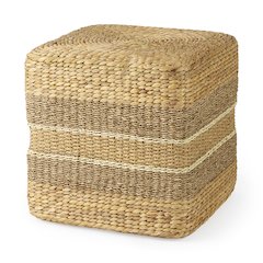 Light Brown W/Medium Brown Stripes Seagrass Square Pouf