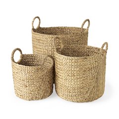 (Set of 3) Light Brown Water Hyacinth Round Basket W/ Handles