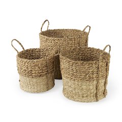 (Set of 3) Brown Two Tone Water Hyacinth and Cornhusk Round Basket W/ Handles