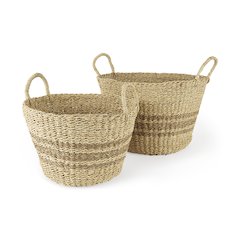 Light Brown Palm Leaf and Seagrass Round Basket W/ Handles