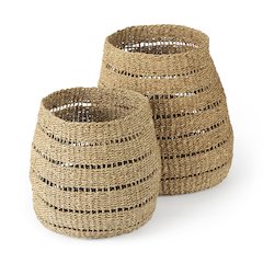 (Set of 2) Medium Brown Seagrass Round Basket with Stripe Pattern