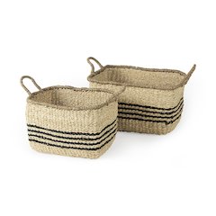 (Set of 2) Light Brown Seagrass Rectangular Basket W/ Black Stripes