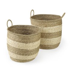 18.1L x 18.1W x 16.0H (Set of 2) Light Brown W/Striped Seagrass Basket