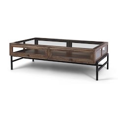 Rectangular Glass-Top Medium Brown Wood w/ Black Metal Base Display Coffee Table