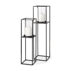 Set of 2 Matte Black Metal and Hurricane Glass Pillar Tabletop Candle Holders