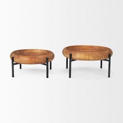 Wally Round Medium Brown Wood Matte Black Metal Stand Trays